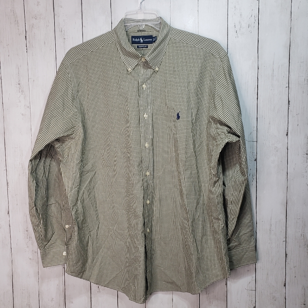 RALPH LAUREN Mens Shirt Olive Green Gingham Check Classic Fit L/S Size 17½".